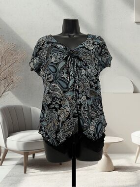 Jessica London Black & Teal Paisley V-Neck Short Sleeve Top